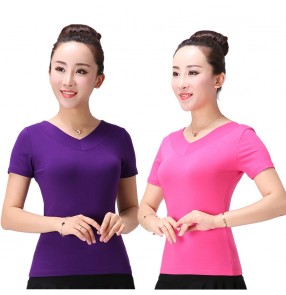 Latin Ballroom Dance Tops for women red black blue purple hot pink waltz tango square salsa rumba practice dance short sleeves shirts blouses for female